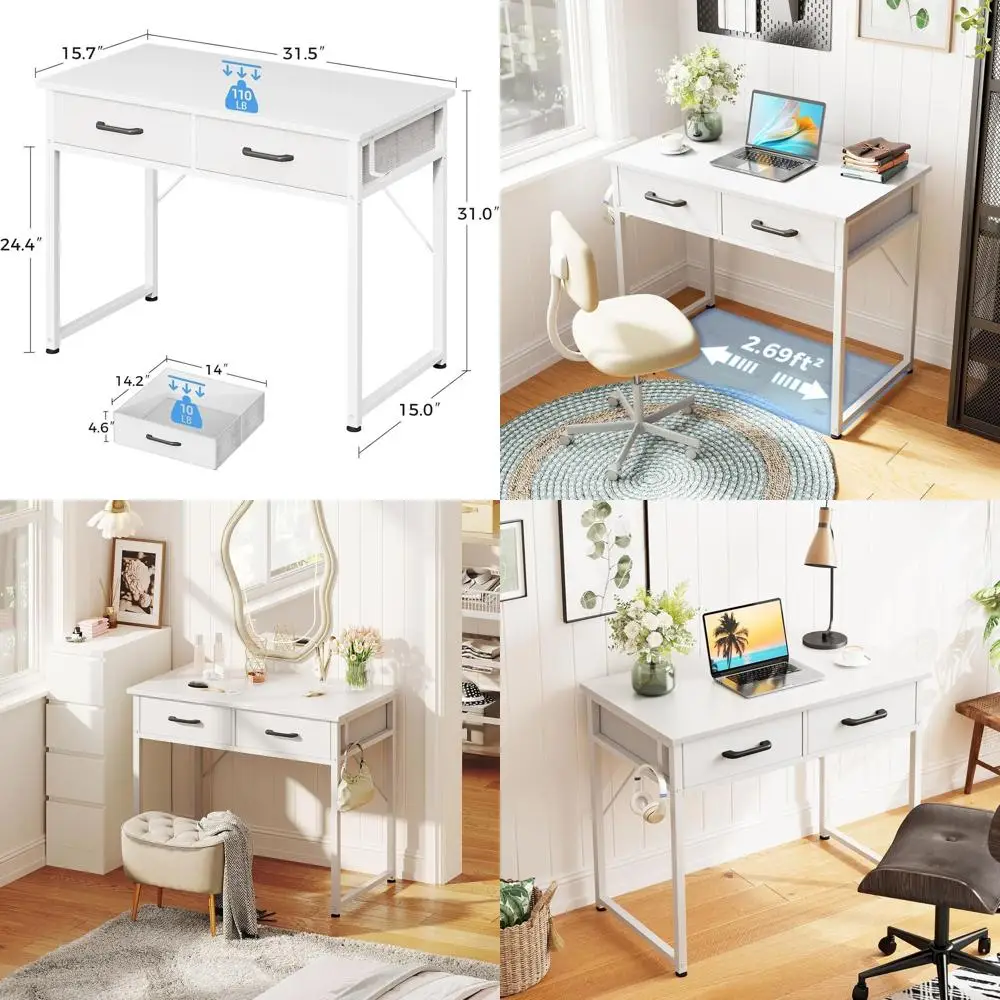 

Компактный компьютерный стол 32 дюйма с ящиками и крючком для одежды — компактный дизайн для домашнего офиса, учебы или работы, белый