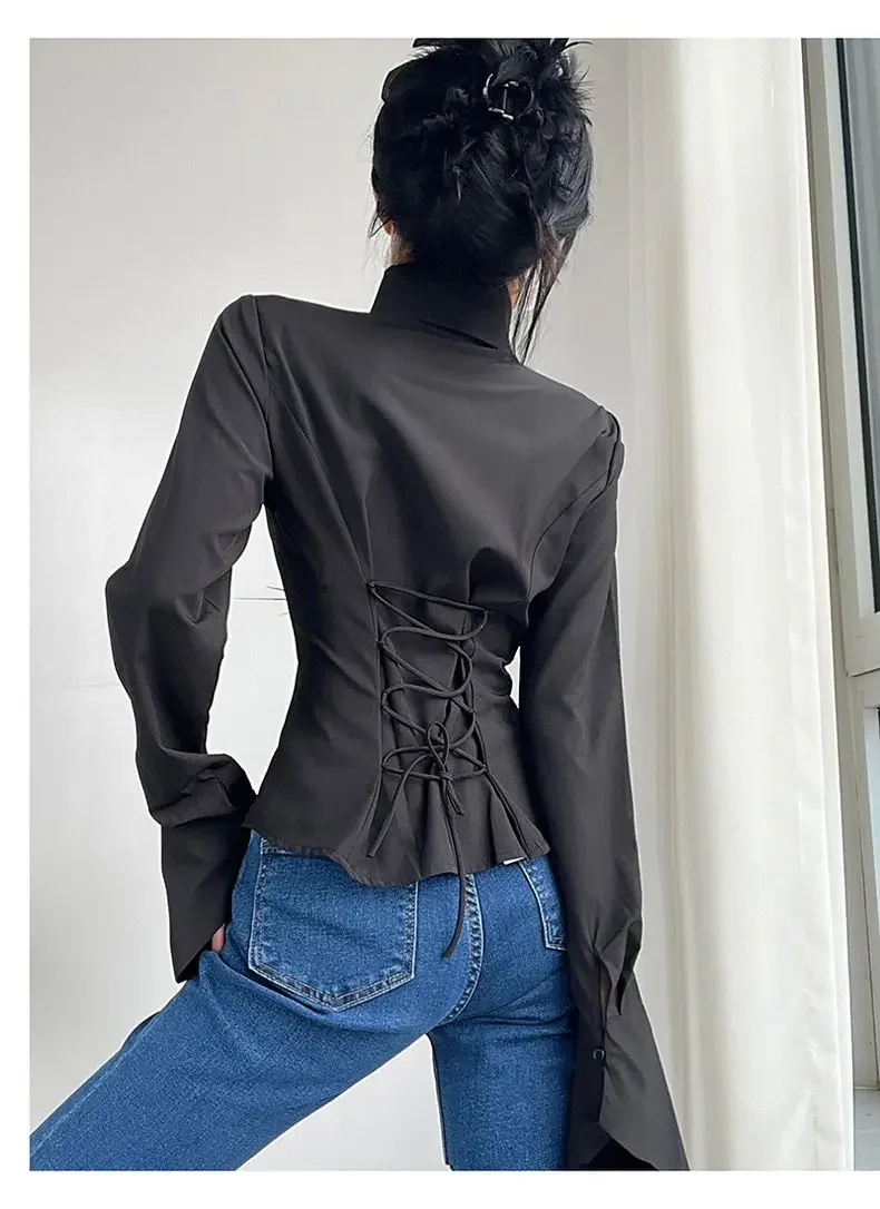 قميص نسائي لخريف 2025 قمصان بخصر نحيف وأربطة أنيقة على الموضة الكورية بياقة مقلوبة قمصان De Mujer #1