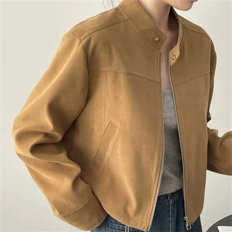 Retro feminino gola forrado outwear avançado feminino mangas compridas jaqueta primavera outono senhoras moda zíper locomotiva casaco