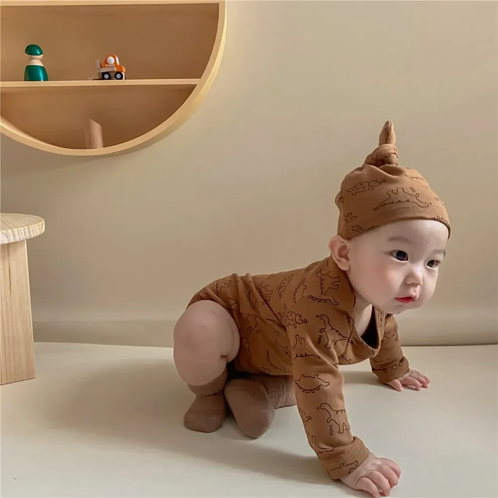 3PCS Toddler Baby Clothing Dinosaur Print Baby One Piece bodysuits With Hat Cotton Boys Girls Home Suits