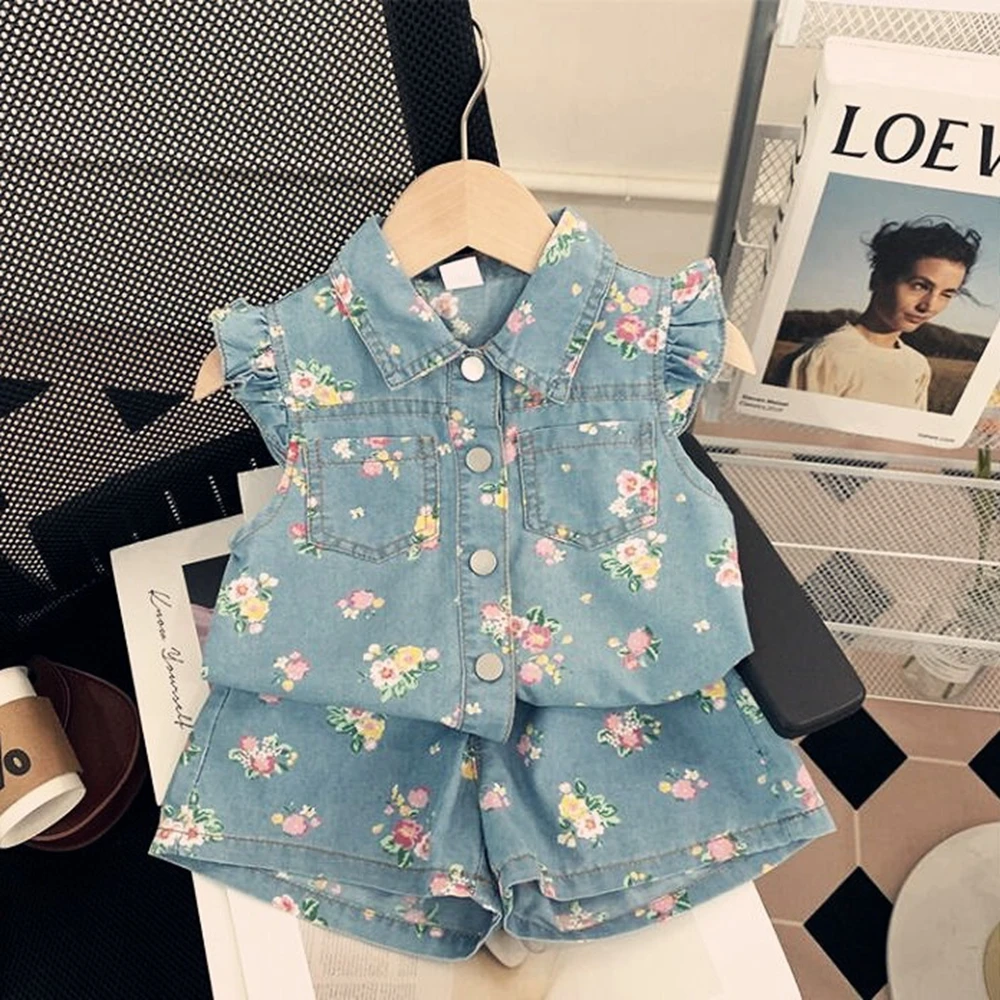 

Summer New Style Floral Printing Sets Little Girls Vacation Casual Clothes Kids Sleeveless Top+Shorts Denim Suit Birthday Outfit