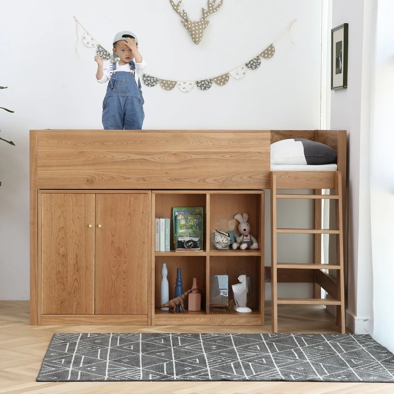 Nordic children's bed, simple high and low bed, double wardrobe storage high bed, multi-functional combination bed oak