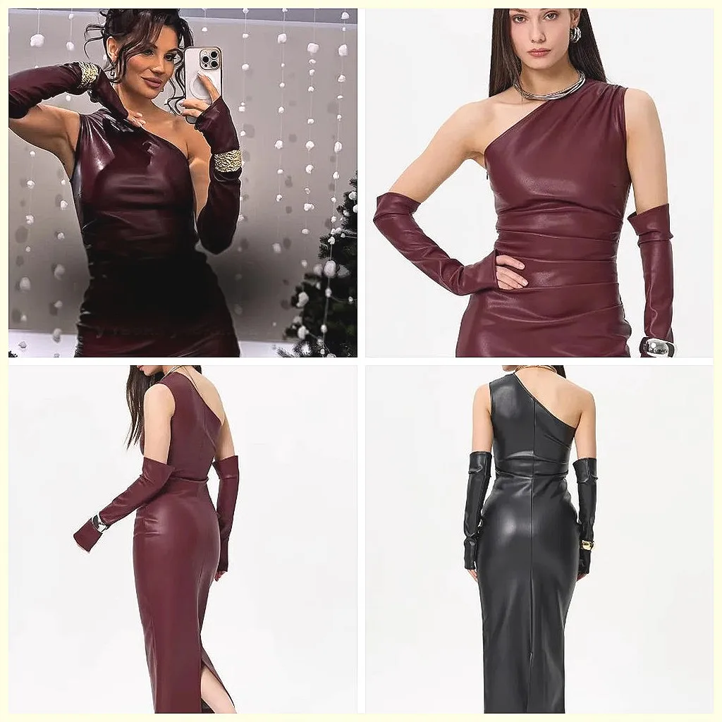 

Chic Leather Midi Dress for Women, Off-Shoulder Backless Bodycon Gown with Waist Cinching, 2026 Party Dress (Characters: 78)