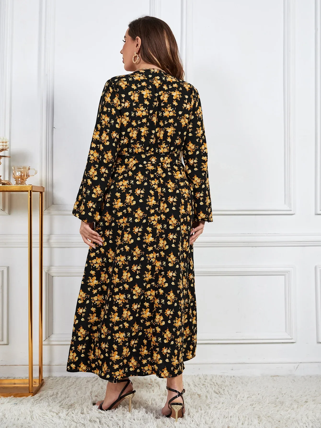 Plus Size Wrap V Neck Women\'s Long Sleeve Dress Drawstring Waist Belt Robe Floral Print Female Autumn Fall Elegant Clothing