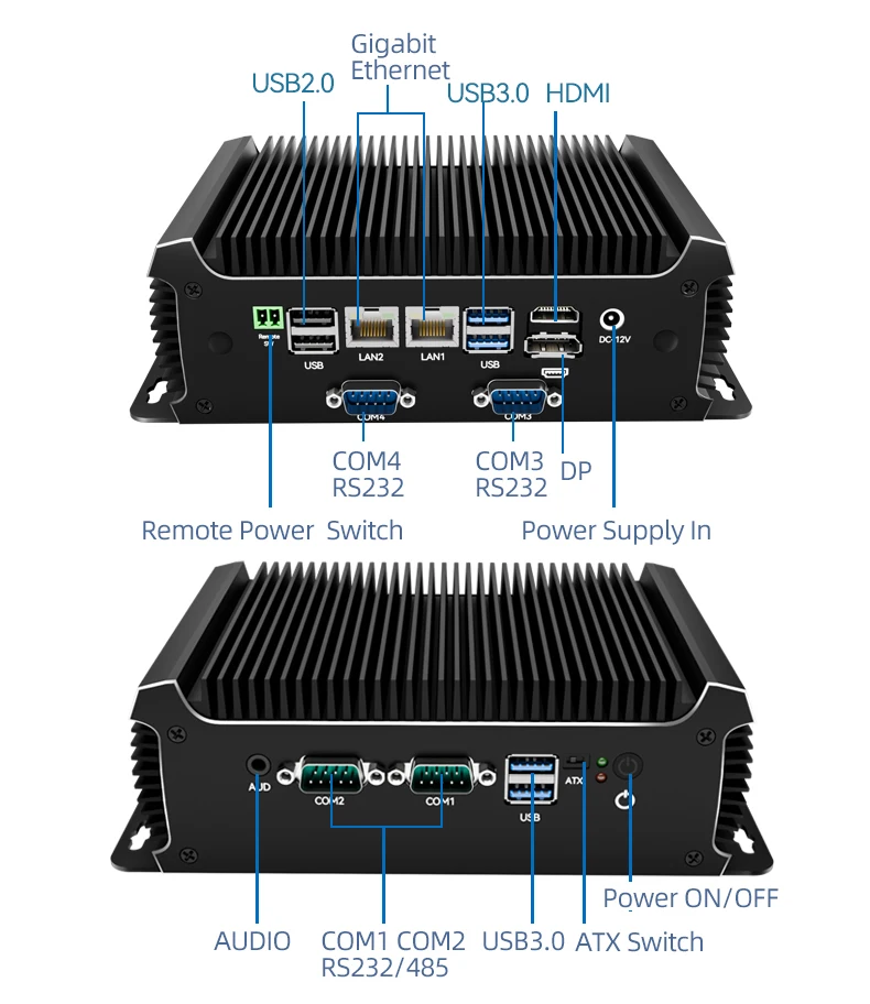كمبيوتر صناعي بدون مروحة Intel Core i5-6300U 4x COM RS232 RS485 2xGbE 4G 5G LTE WiFi Windows11/10 Linux ATX مفتاح الطاقة عن بعد #2