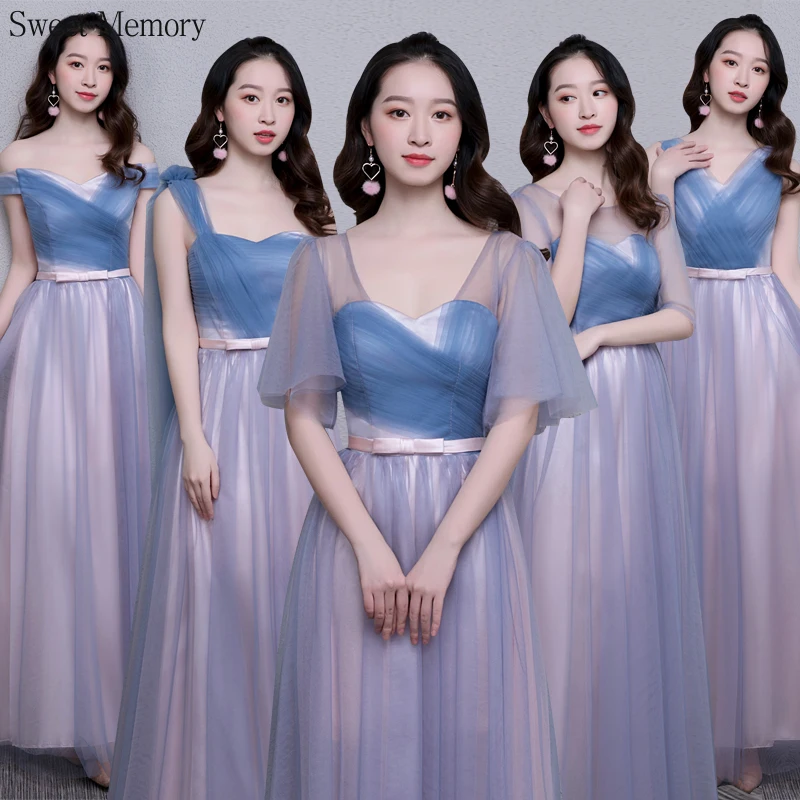 

S988 Pink Satin + Dark Blue Tulle Bridesmaid Dresses Bride Guest Wedding Party Dress Long Robe Formal Ball Women Vestido Lace Up