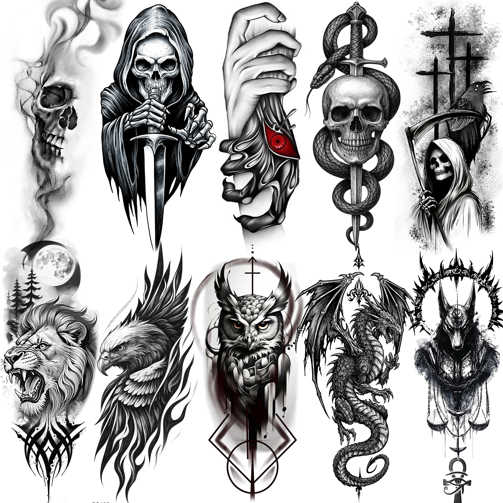 1 Sheet Scary Skull Grim Reaper Temporary Tattoos For Men Women Hand Arm Forearm, Realistic Fake Tattoo Sticker Halloween Tatoos