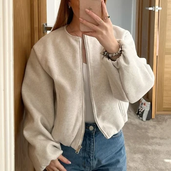 Women's Cropped Bomber Jacket 6 HXAO Women's Bomber Jacket Retro O Neck Soft Cropped Jacket Elastic Hem Zipper Woman Short Coats Female Outerwears 2025 Spring 6