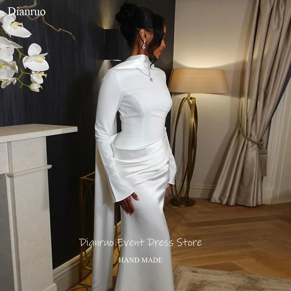 Dianruo белое вечернее платье с длинными рукавами и высоким воротом, атласный халат De Soirée Femme, ленты ручной работы, Vestidos Para Mujer по индивидуальному заказу
