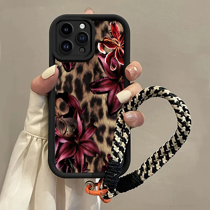Lily Leopardenmuster Handyhülle mit Trageriemen für iPhone 12 13 14 15 16 17 ProMax 15 14 13 Pro Plus Stoßfeste Matte Silikonhülle – Detail 3