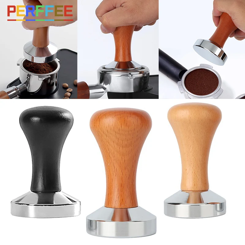 Espresso Coffee Tamper Wooden Handle Flat Base Tamper 51mm/53mm/58mm Coffee Tamper Mat Coffee Powder Hammer Wooden/Black