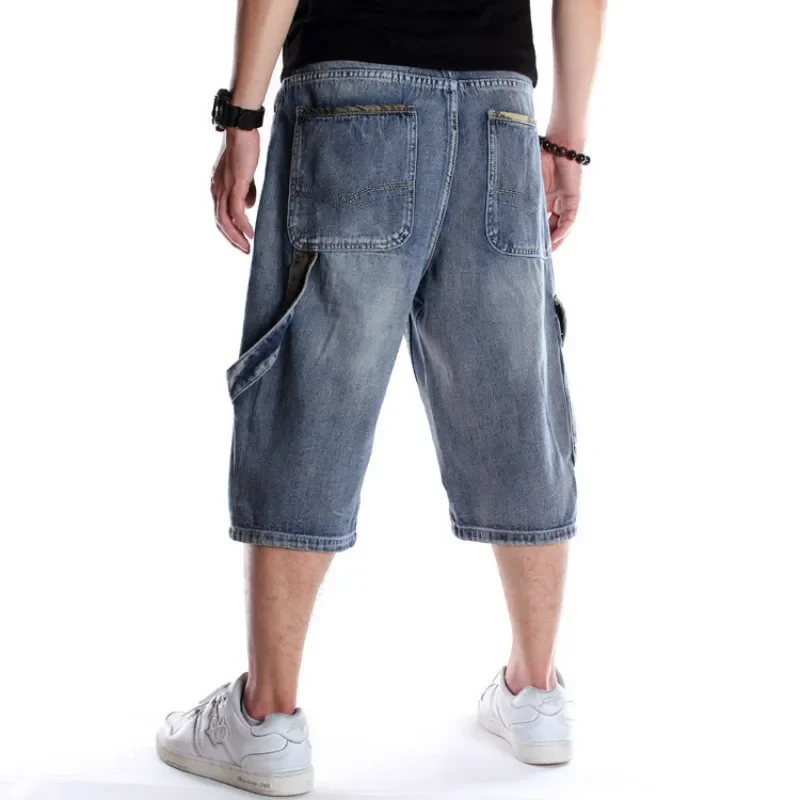 Short jeans folgados masculino com bolso, shorts de carga masculinos, streetwear hip-hop, jeans da moda, comprido, 3/4 Capri, plus size, azul