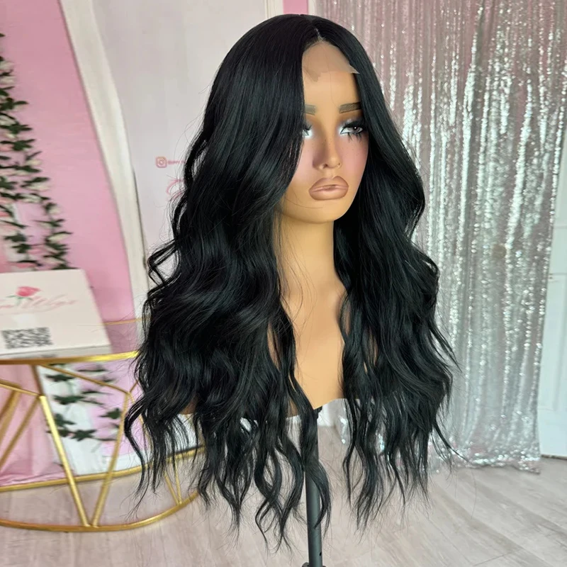 24 inch Lace Front Glueless Wig Human Hair Synthetic Blend Heat Resistant Natural Black Hair Cheap Synthetic Wig Women Daily Use