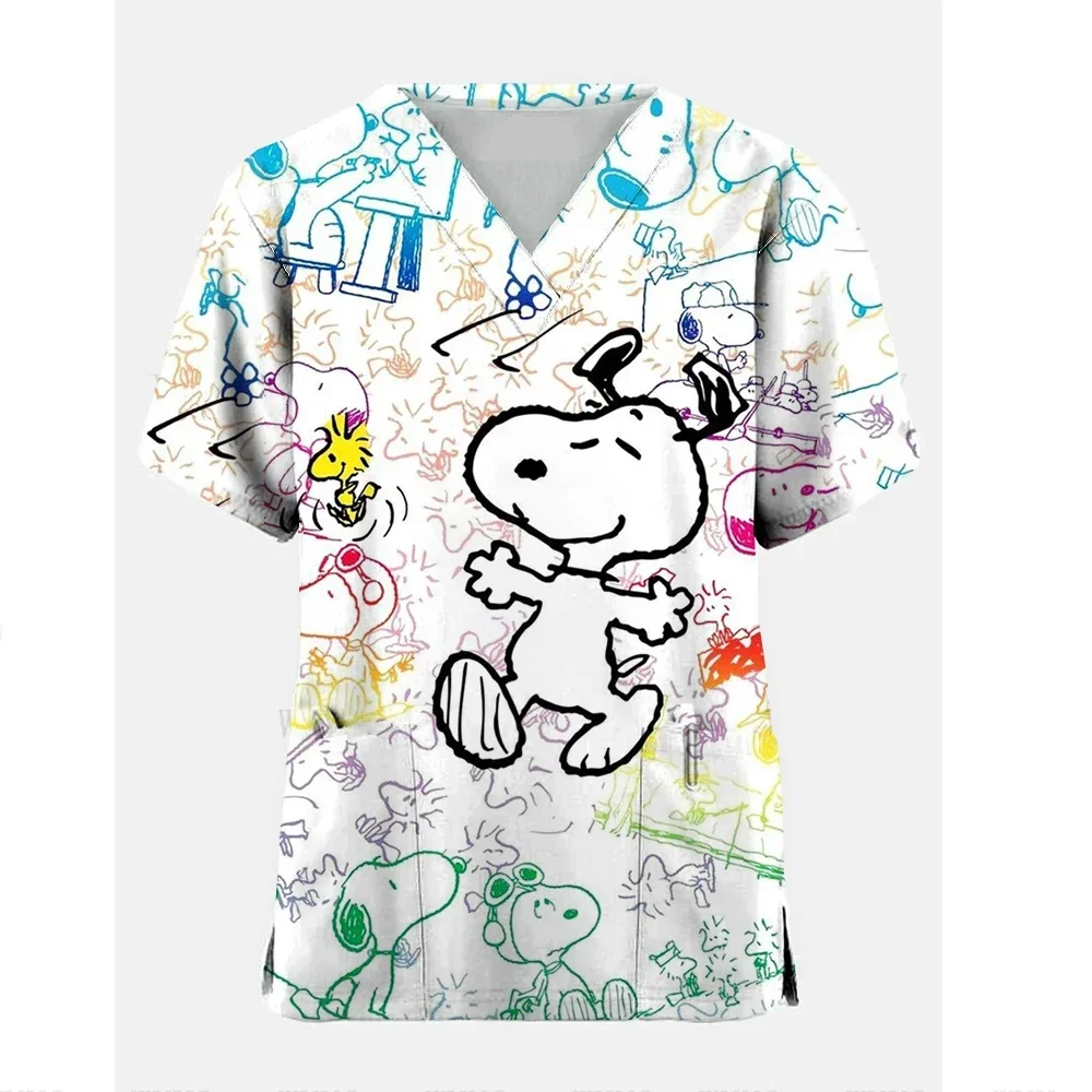 2024 Summer women's T-shirt cartoon Snoopy print V-neck pocket nurse uniform cute  uniform casual cute Laboratory Clothing