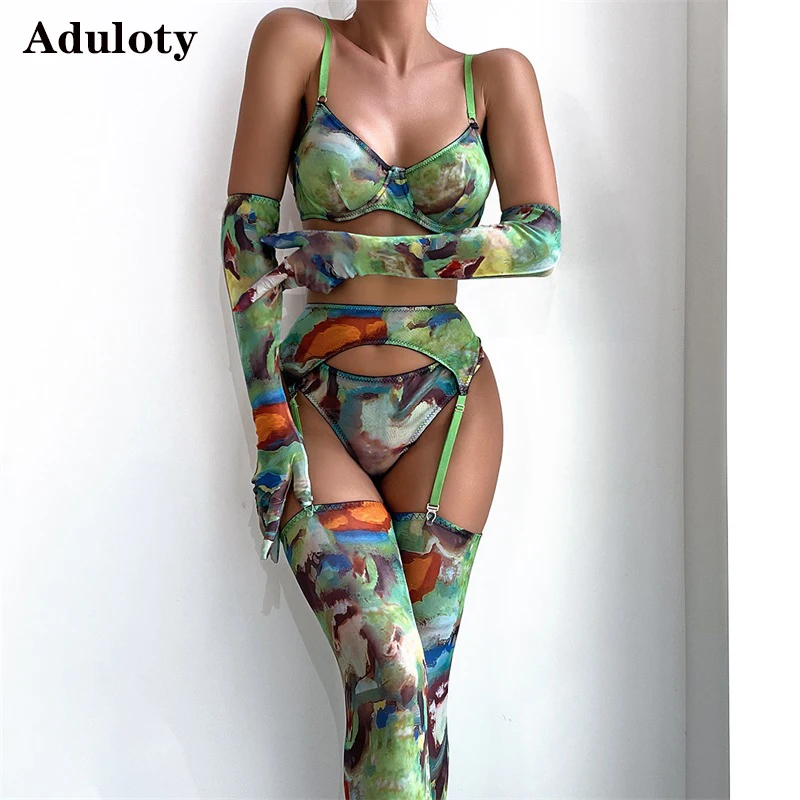 Aduloty Women Erotic Lingerie 5-piece Set with Gloves Stockings Mesh Printed UnderwireThin Mesh Perspective Sexy Underwear