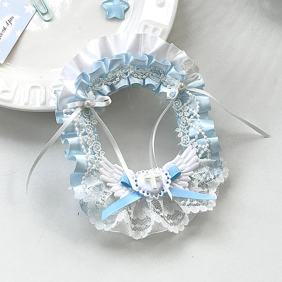 Lolita Photo Frame, Blue‑White Tone, Satin Ruffle Lace Angel‑Wing Bow Decor, Clear PVC View Window, Handcrafted Structure, 3‑Inch Picture Frame, Collectible Photo Display, Surface Protection For Inner Photo Inserts