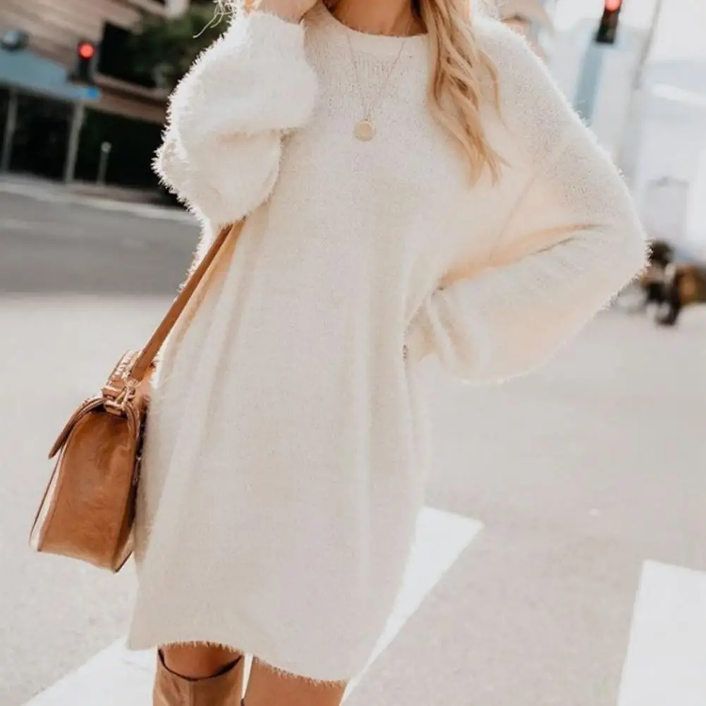 Women Cotton Blend Dress Furry Pullover Sweater Dress Fuzzy Slouchy Oversized Long Tops Loose Crew Neck Fall Short Mini Dress