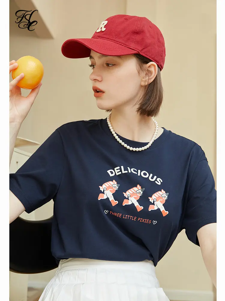 

FSLE 73.6% Cotton Women Navy Blue Loose T-Shirts Candy Elf Print Summer Cool Short Sleeves Dropped Sleeve Women T-Shirt Tops