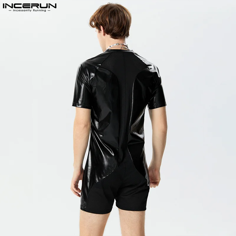 2024 Men Bodysuits Mesh Patchwork Zipper O-neck Transparent Short Sleeve Male Rompers Sexy Fashion Playsuits Men Pajamas INCERUN