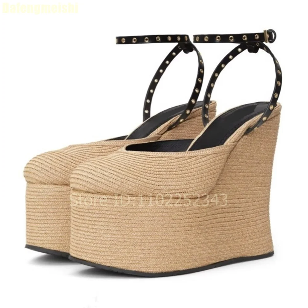 Grass Woven Platform Women Summer Sandals Shallow Ankle Strap Super High Heel Wedges Sandals 2025 New Linen Round Toe Sandals - Image 5