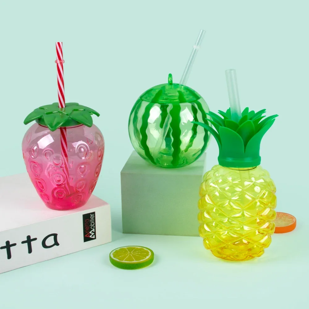 6Pcs Summer Cartoon Fruit Watermelon Strawberry Pineapple Cups with Straws Hawaiian Beach Pool Party Decorations Supplies