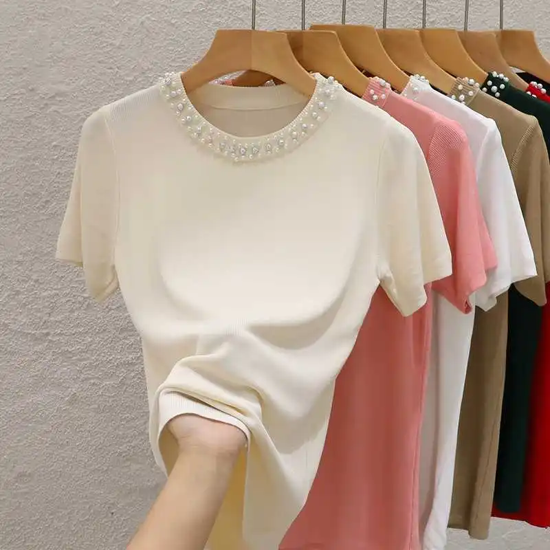 

Вязаный свитер, женские пуловеры, новый вязаный свитер с коротким рукавом и круглым вырезом, расшитый бисером, пуловер, женские топы, свитера Sueters De Mujer Q1222