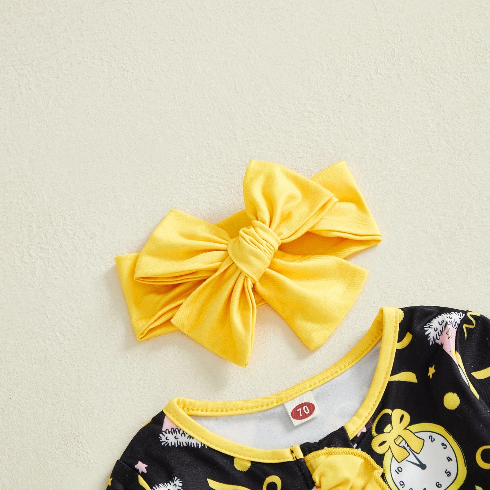 طفل الفتيات جديد السروال القصير الزي طويلة الأكمام ساعة طباعة الرتوش مضغوط القدم بذلة عقال ملابس السنة الجديدة الأولى