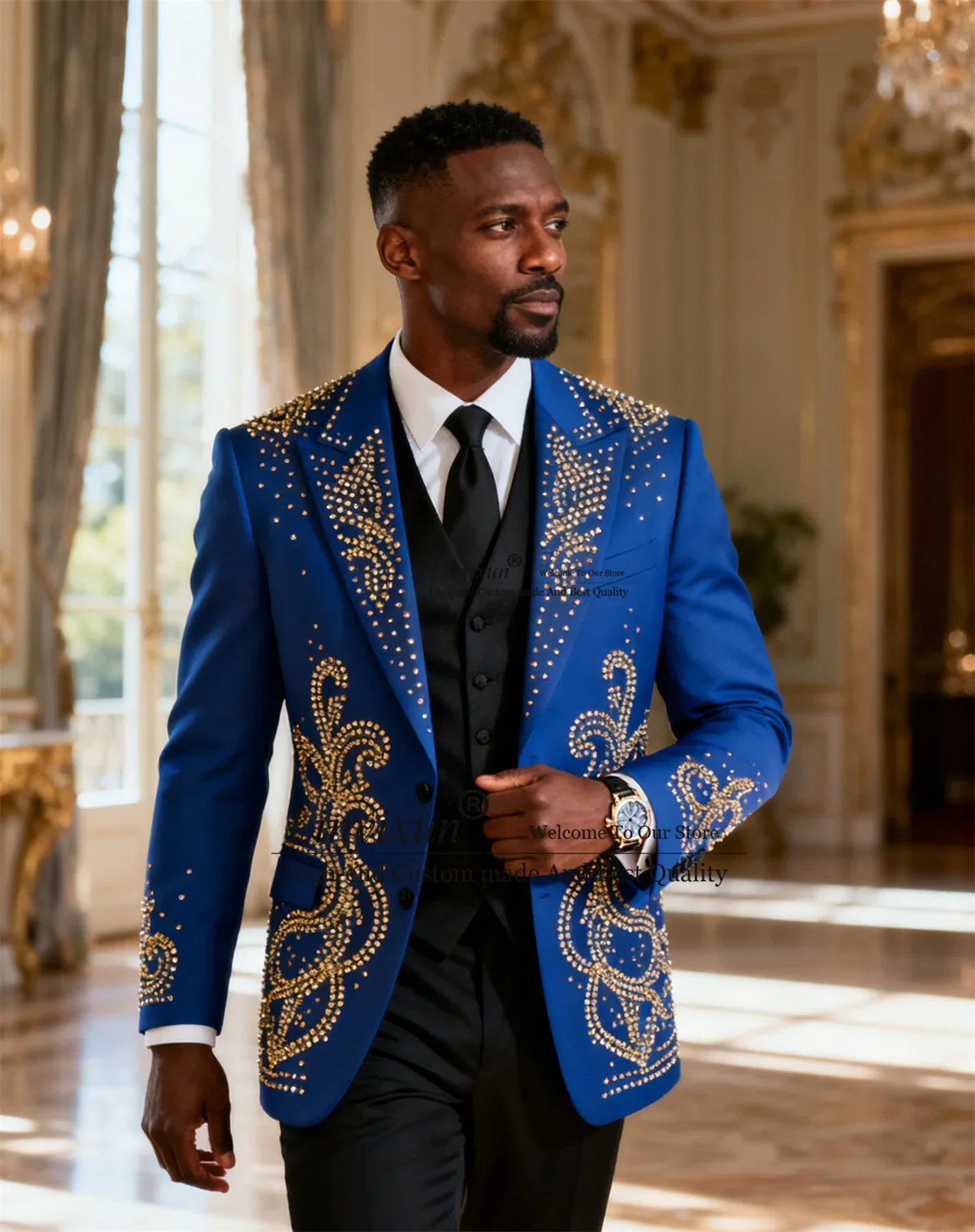 

Handsome Slim Fit Men Suits Rhinestones Beaded Wedding Tuxedos Formal Peaked Lapel Ropa hombre 3 Pieces Sets Groom Male Blazers