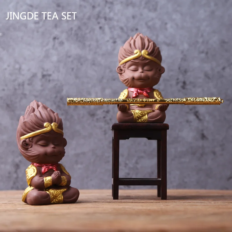 Lovely Sun Wukong Statue Tea Figurine Ornament Handmade Purple Clay Tea Pet Decoration Boutique Tea Table Decoration Crafts