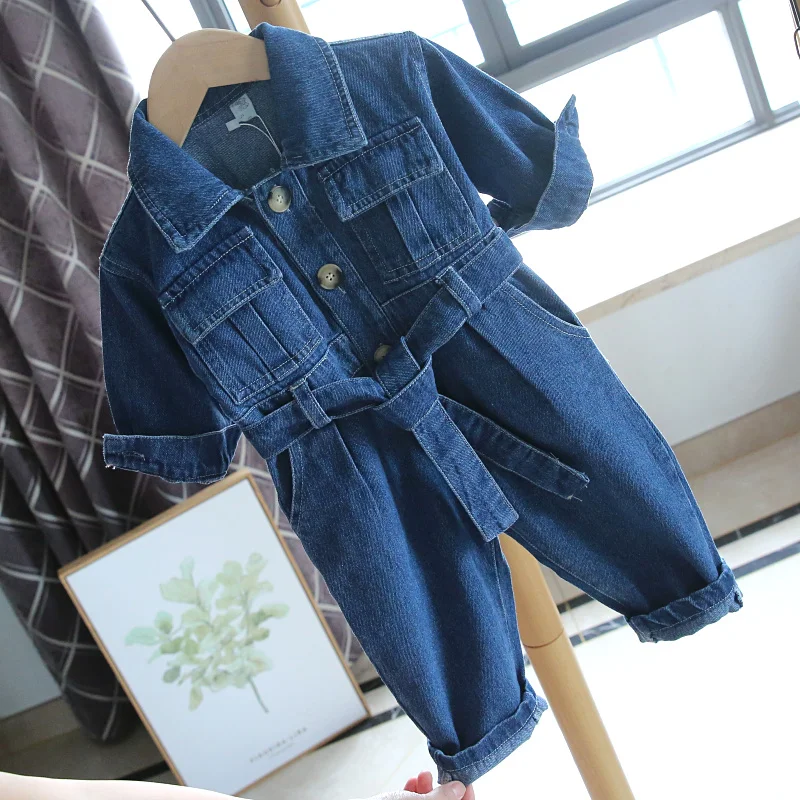 Toddler Baby Denim Jumpsuits Fashion Long Sleeve Turn Down Collar Overalls Spring Autumn Loose Boys Girls Jean Rompers