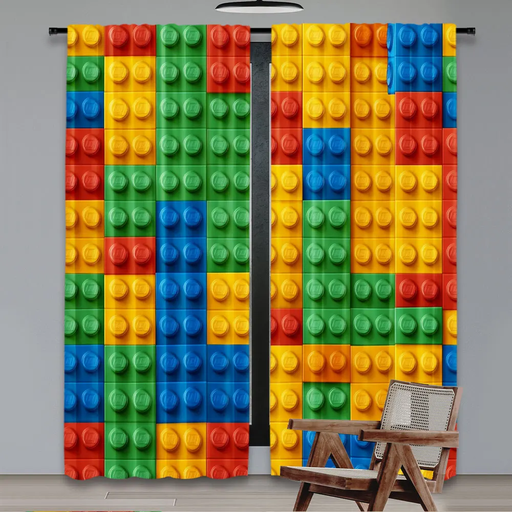 2Pcs Colorful Building Blocks Print Curtain Geometric Blocks Curtain Suitable For Bedroom Bathroom Living Room Dining Room Study