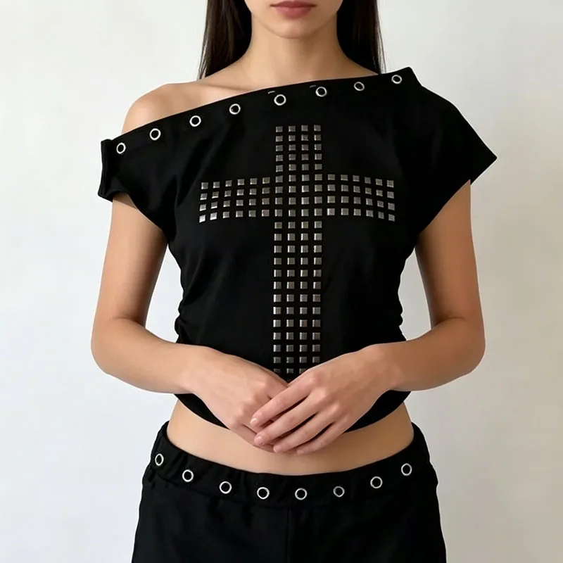 Summer New European American Cross Square Rivet Circle Decoration Slim Fit Sloping Collar Off Shoulder Fashion T-shirt Women's