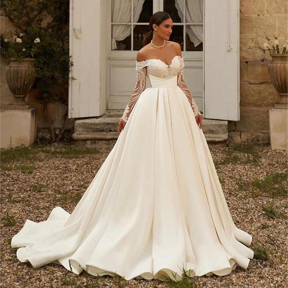 

Customize Elegant Off-Shoulder Wedding Dress Women Lace Long Sleeve Pockets A-Line Bridal Dress Plus Size Wedding Gown