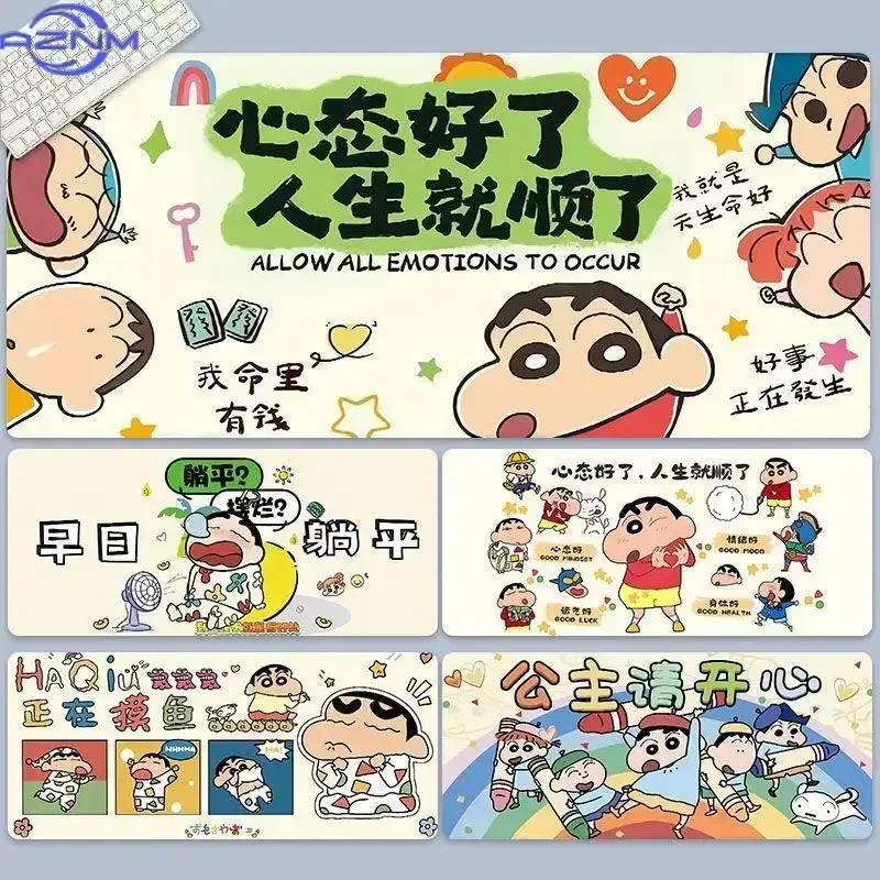 Cute Crayon Shin‑chan Positive Quote Anime Mousepad, Rubber Non‑Slip Large Desk Mat, Funny Cartoon Gaming Mouse Pad for Keyboard