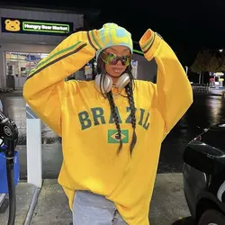 Brazil Letter Print Yellow Hoodie Women Y2k High Street Loose Sweatshirt Oversized Punk Pullover Fashion Harajuku Jacket Clothes