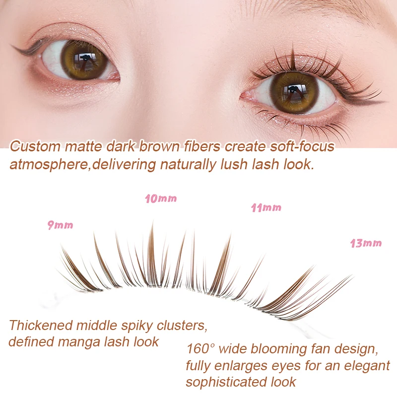 9-13mm Black Brown Fox Lashes Glue-Free & Glue Required Lash Manga Cluster Lashes for Girl Group Segmented Soft False Eyelashes