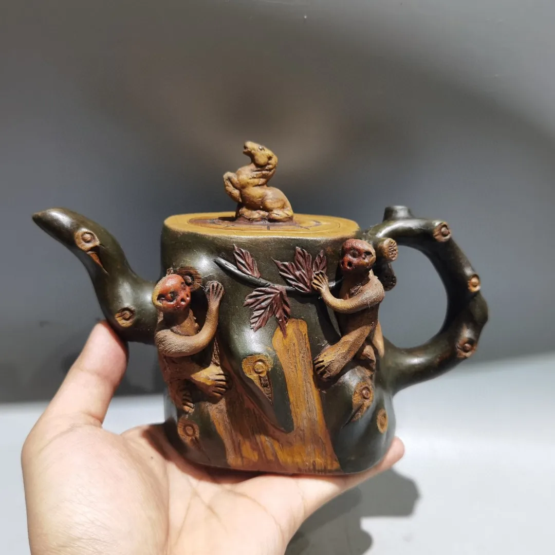 

8"Chinese Yixing Purple Clay Pot Pottery Monkey Horse Statue Pot Kettle Immediately enfeoffment Teapot Pot Tea Maker