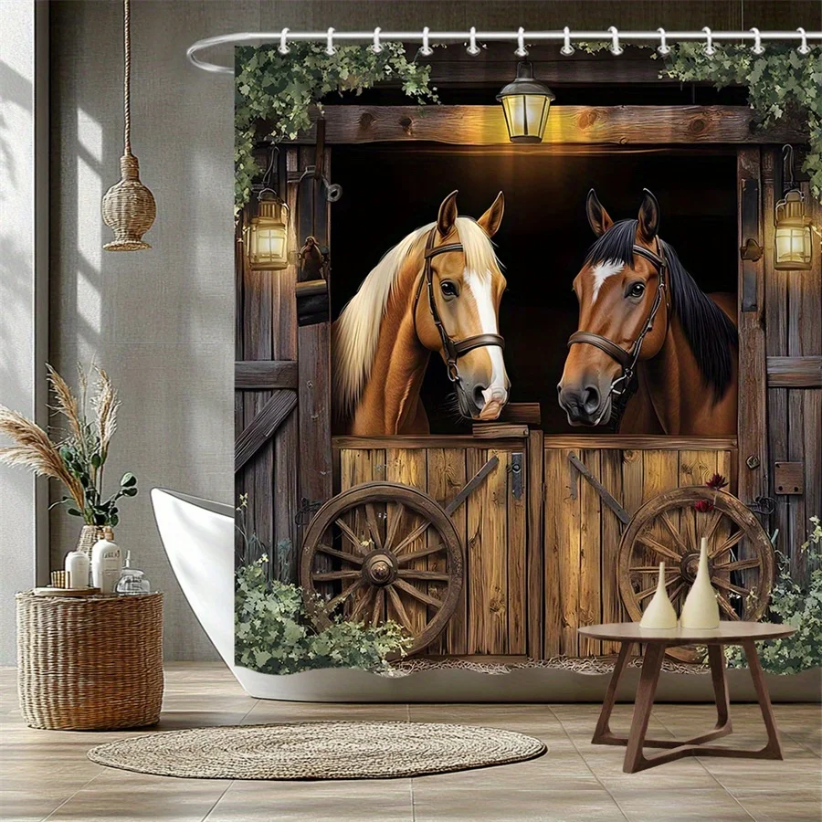 1pc Rustic Stable Shower Curtain with Two Horses, Wooden Barn & Lanterns Design - Durable Polyester Fabric, Machine Washable Bat