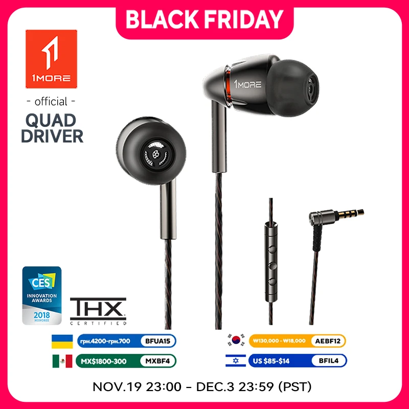 

1MORE Quad Driver in-Ear E1010 Earphones Hi-Res High IEMs Fidelity Headphones Warm Bass Spacious Reproduction High Resolution