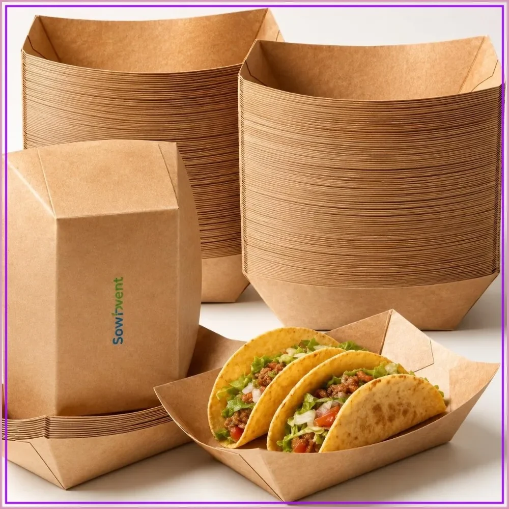 Kraft Paper Food Trays 2lb 200ct, Oil-Proof Disposable Serving Boats for BBQ, Party, Hot Dogs, Fries
