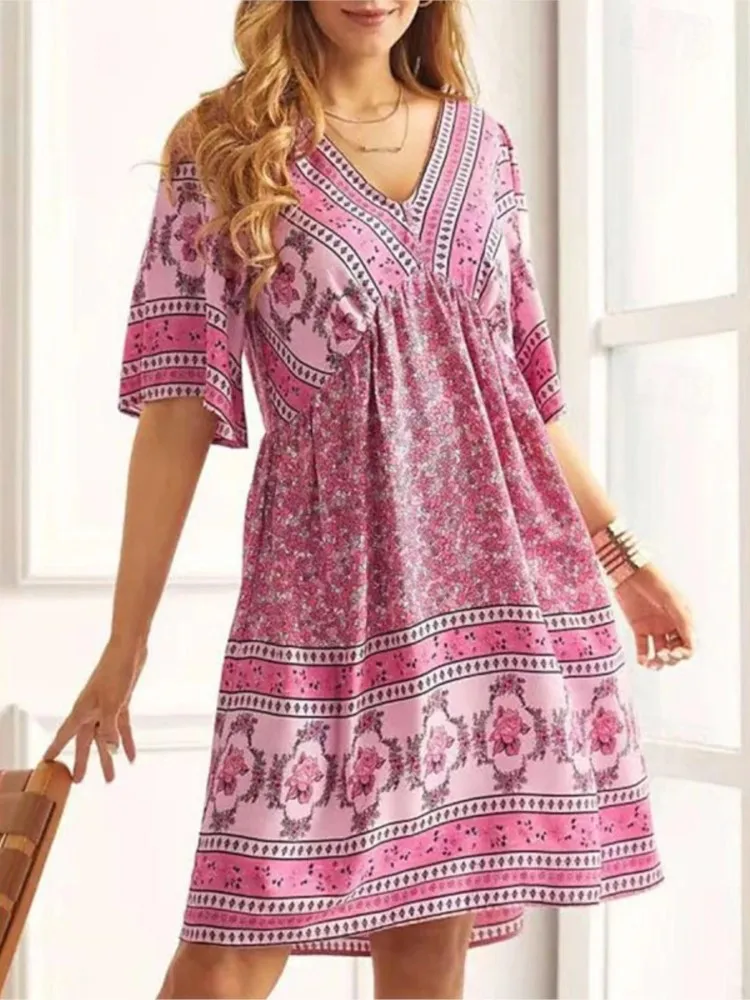 

Summer New Fashion Literary Retro Printed Dress Women's V-neck Short-sleeved Mini Dress Elegant Casual Loose Party Dresses
