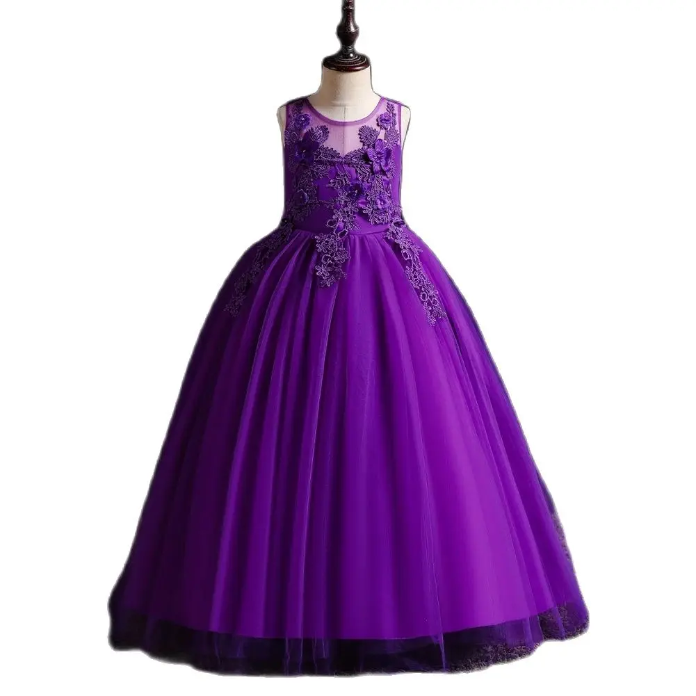 Abito lungo viola New Girl Flower abito da principessa ricamato con palla per bambini da 4 a 14 anni abbigliamento da festa per ragazza