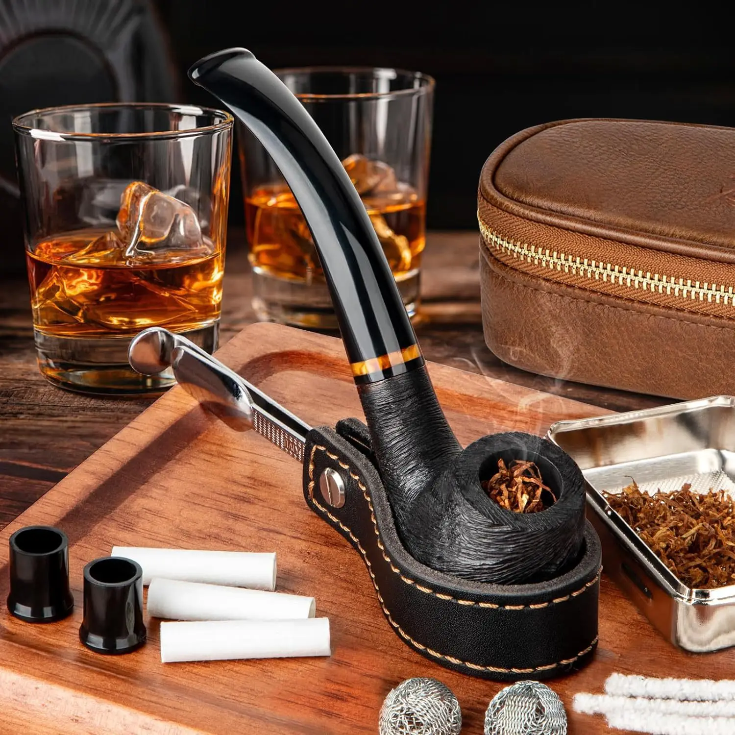 Pipe Accessories, Foldable Three In One Tool, Leather Pipe Holder, Multifunctional Pipe Base, Pressure Bar, Cigarette Cutter