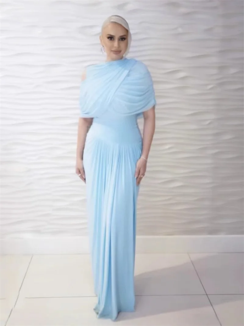 

Blue Prom Dress Cape Wrap Short Sleeveless Ruffles Long Sheath Party Bridal Gown Elegant Formal Guest Wedding Birthday Robe