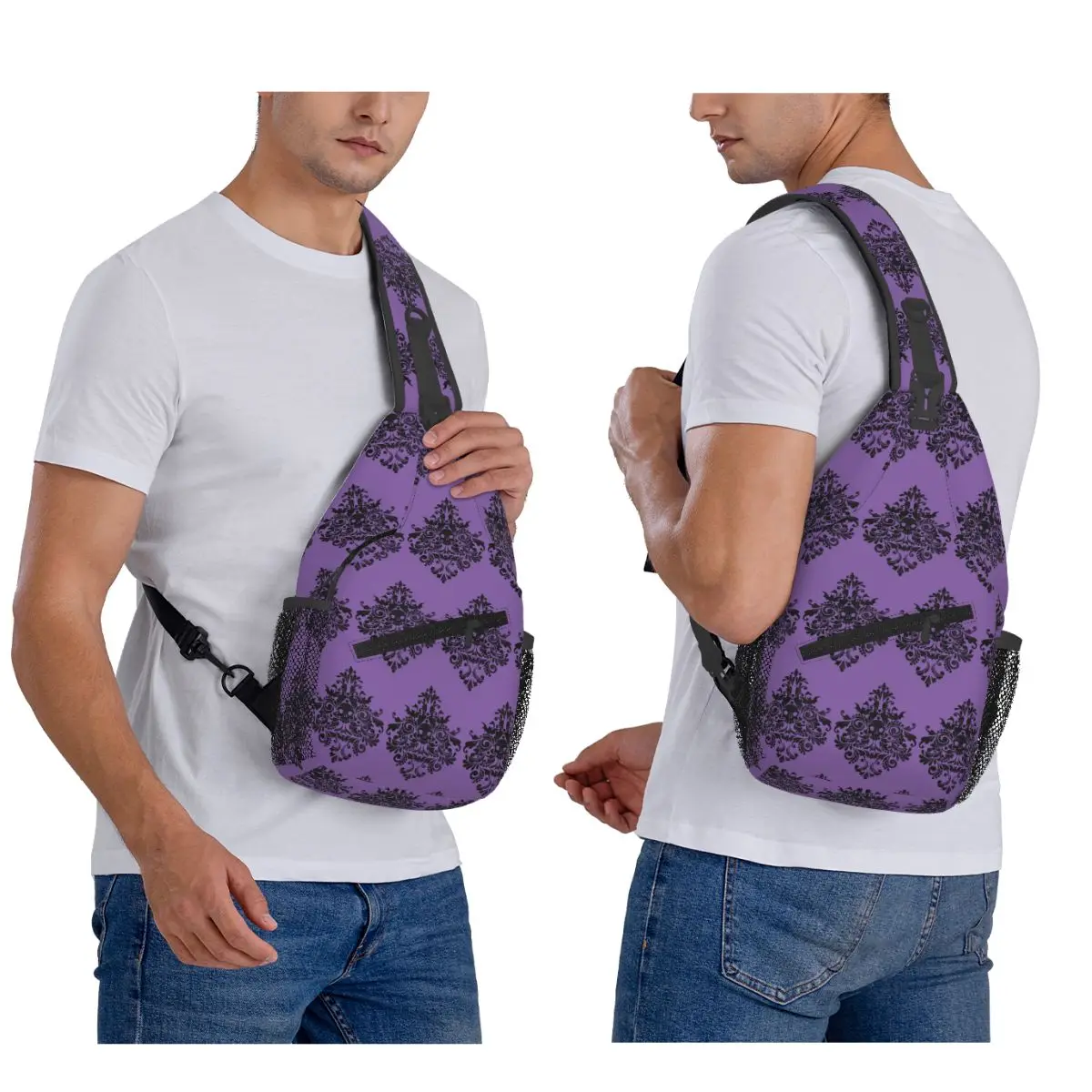 Skull Damask Pattern Chest Bag Men Sling Crossbody Backpack Chest Bag Traveling Hiking Daypack Shoulder Bag