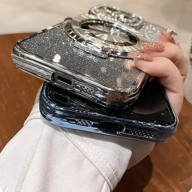 Luxury Magsafe Wireless Charging Case For iPhone 16 11 12 13 14 15 Pro Max Plus Glitter Magnetic Ring Bracket Transparent Cover