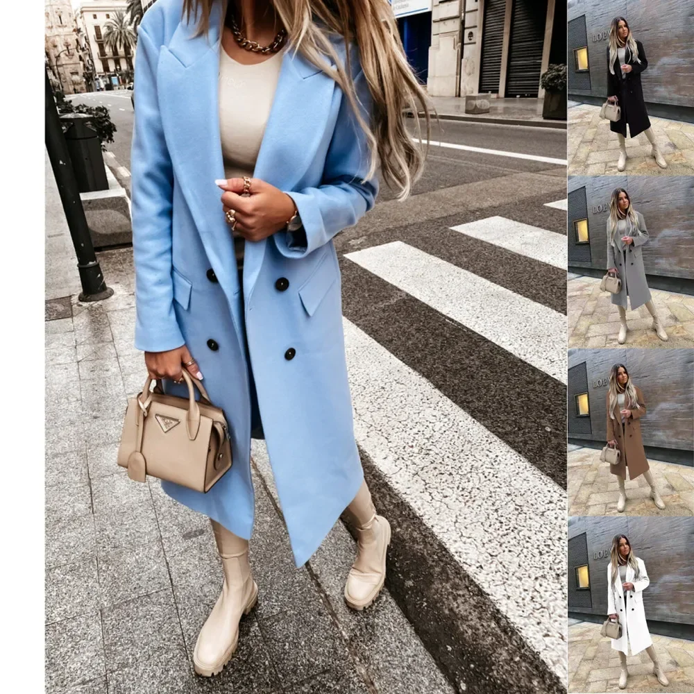 Women Casual Warm Wool Jacket Korean Style Winter Outwear Coat Loose Open Front Long Sleeve Overcoat Retro Pea Coat for Female