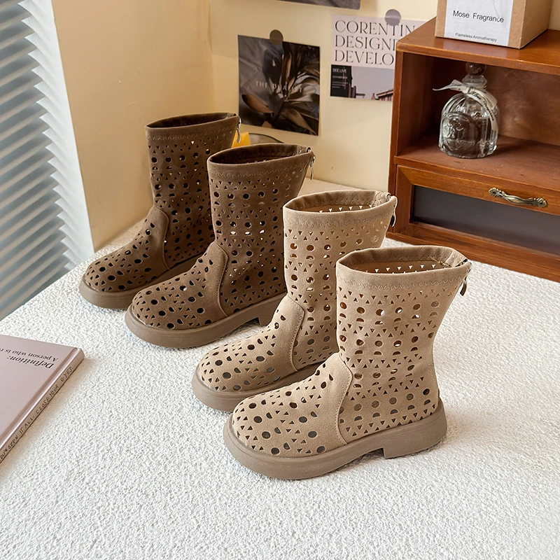 

Hollow Round head Vintage Rome Boots Girls Summer Children's Shoe Low-heel Knee High Barefoot Sandals Girl Suede Knight Booties