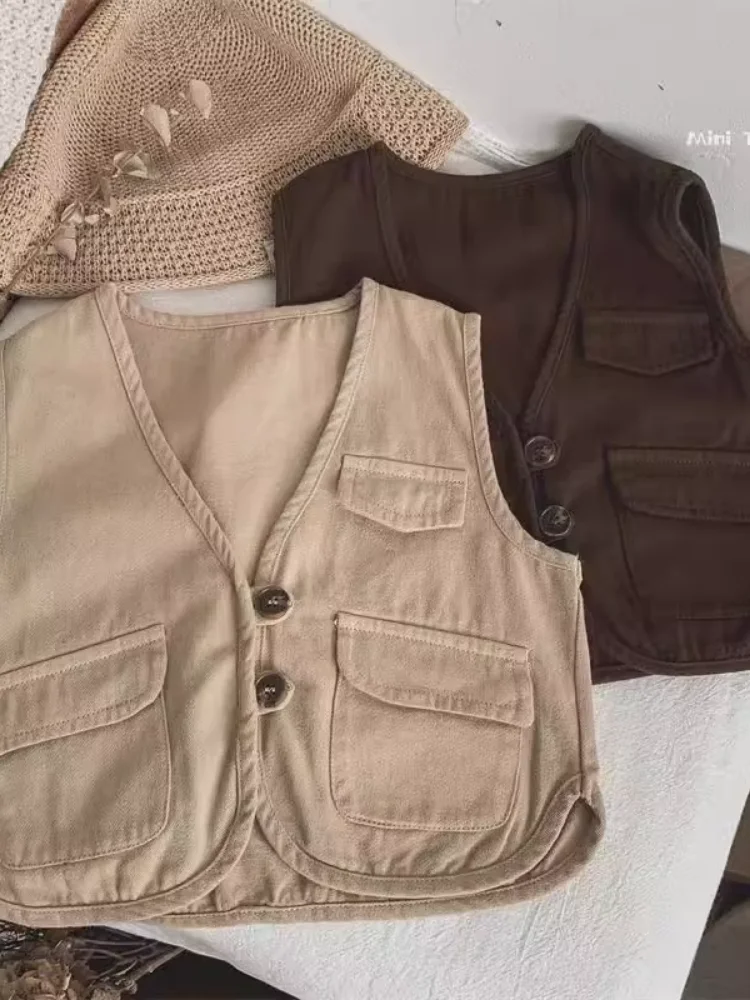 

Практичный хлопковый рабочий жилет в стиле ретро для детей, весна-осень, однотонный, без бренда, без зарегистрированной торговой марки