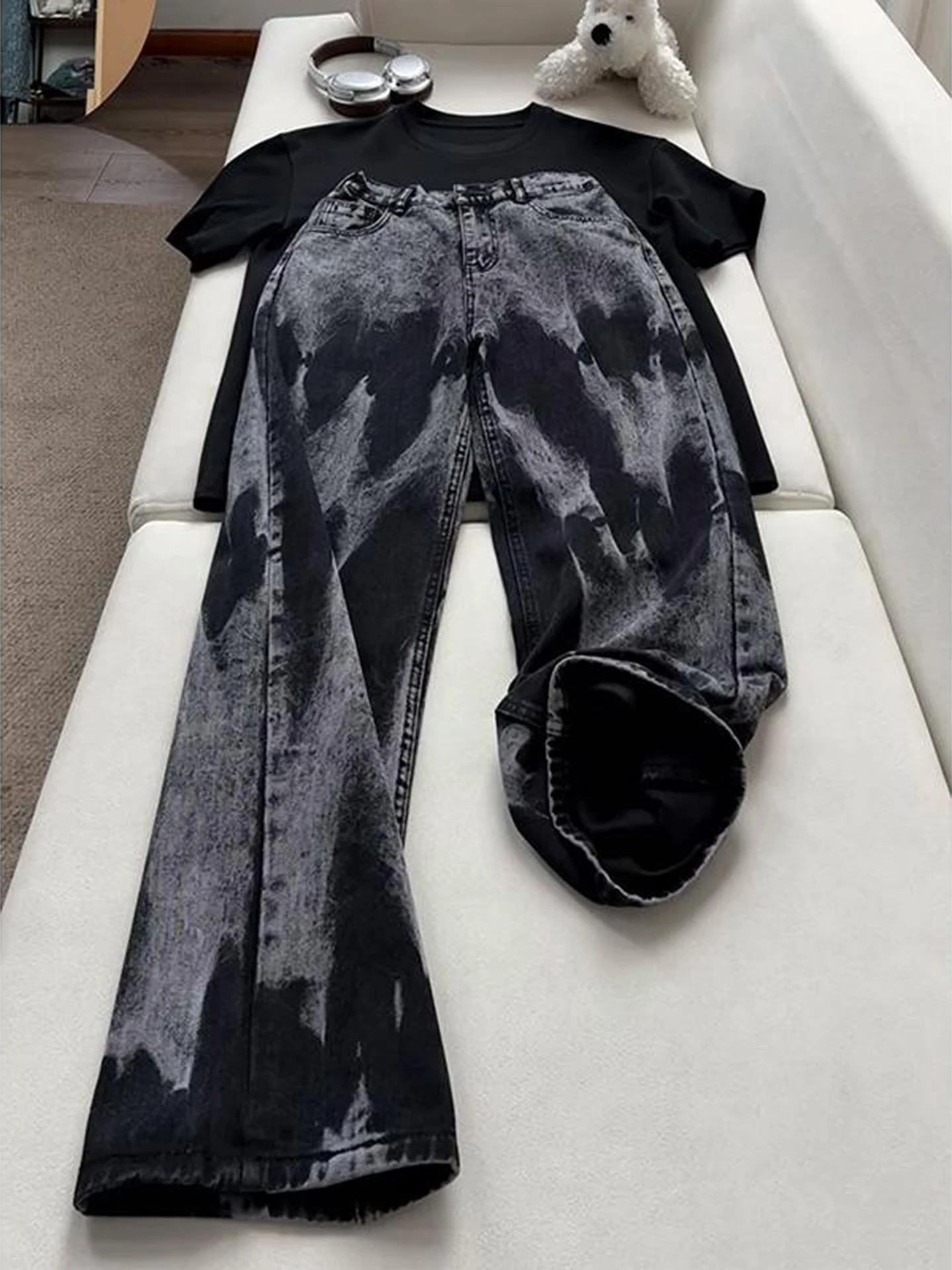 

American High Street Tie Dye Jeans Men Summer Trendy High Sensation Knife Straight Loose Elastic Flared Pants Cotton Polyeste...